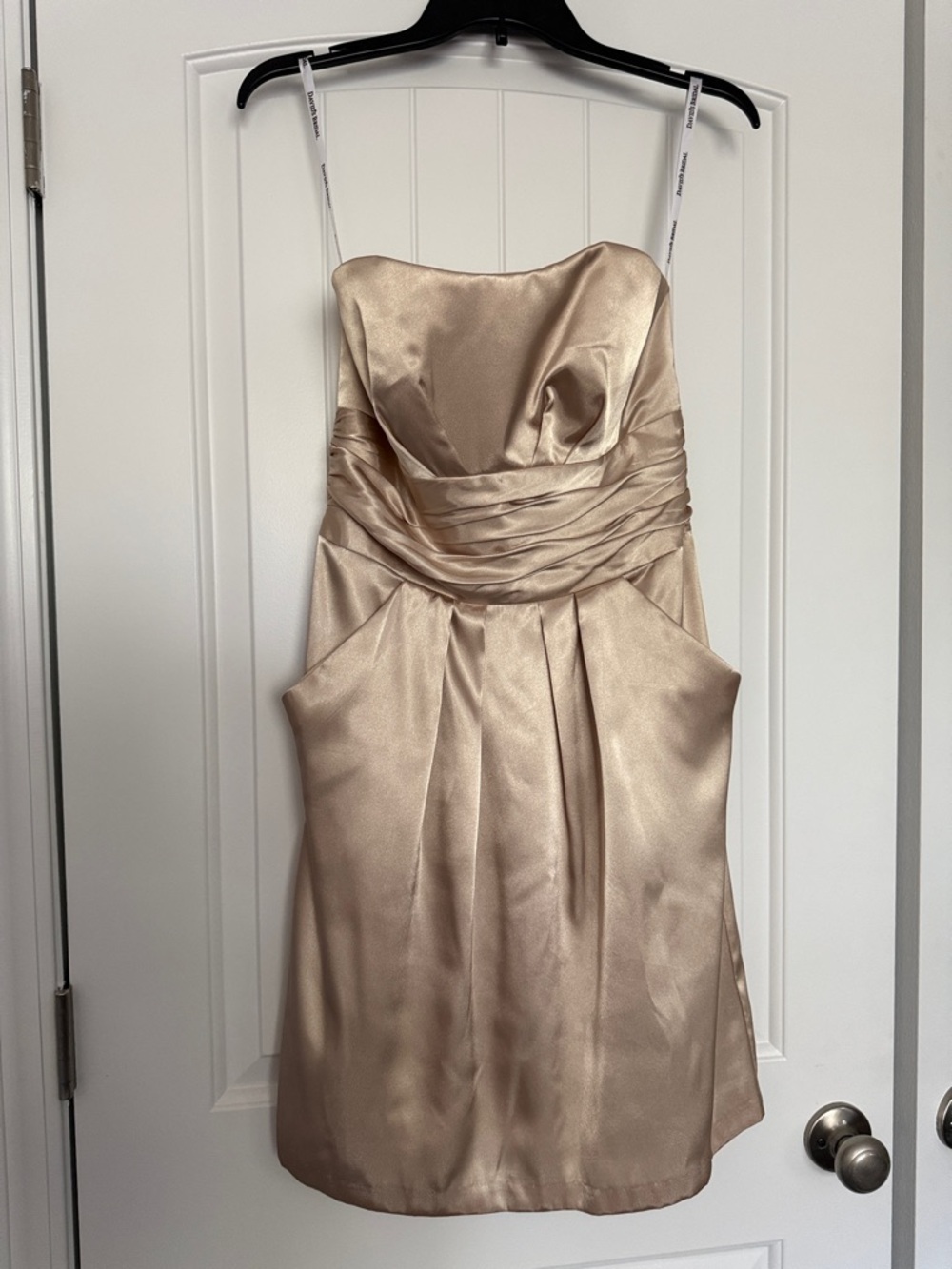 David's Bridal Strapless Satin Cocktail Dress in Champagne Gold